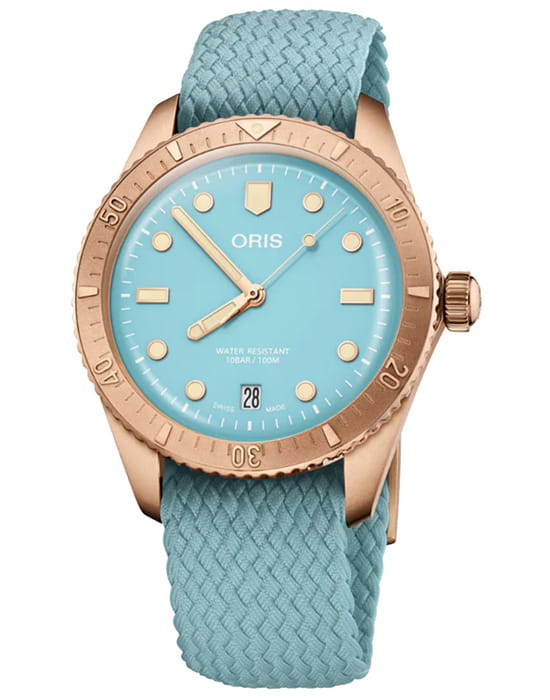 Oris Oris Divers Sixty‑Five 'Cotton Candy' 01 733 7771 3155-07 3 19 02BRS  01 733 7771 3155-07 3 19 02BRS механические женские часы голубой циферблат, браслет тканевый — вид спереди